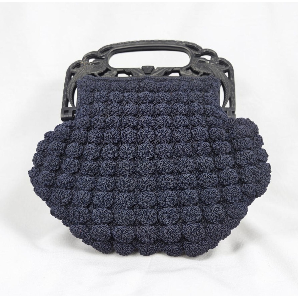 Vintage Art Deco Style Navy Blue Popcorn Knit Handbag W/ Ornate Celluloid Handle